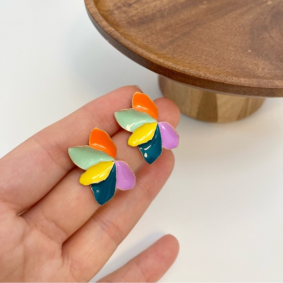 4/$15 Colorful Enamel Orange Teal Green Purple Yellow Flower Petals Earrings - Picture 2 of 6